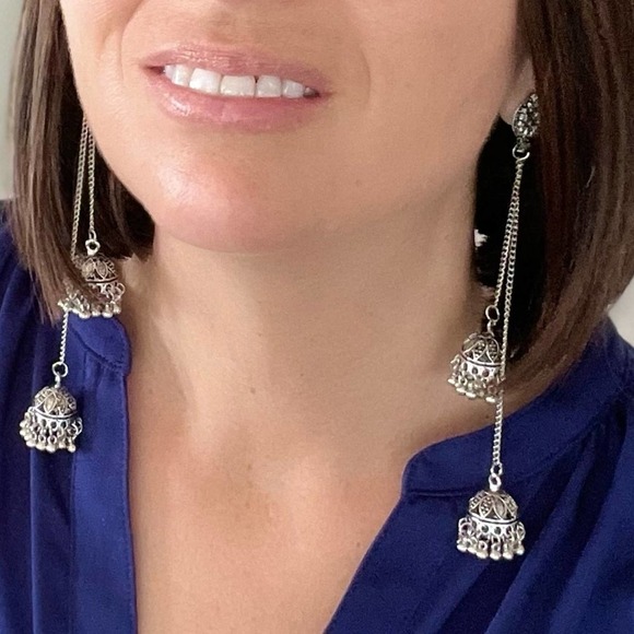 Bollywood-inspired Silver Jhumka Earrings with Elegant Duster Length Design - Picture 10 of 12